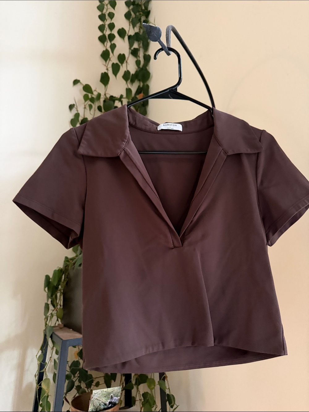 Aritzia Babaton - Women's Chocolate Cropped Short Sleeve V-Neck Collared Top - L